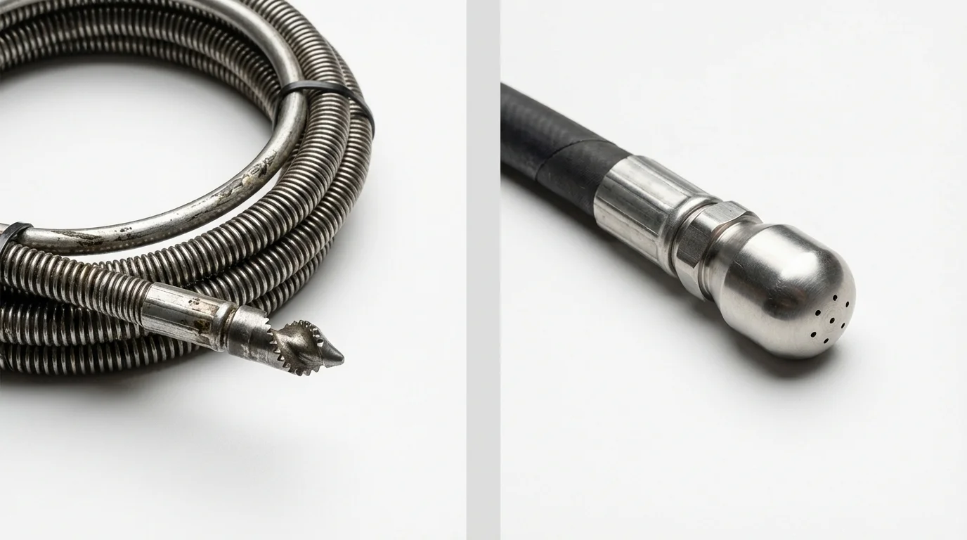 Drain snake cable and hydro jetting nozzle used for drain cleaning in Chauncey, OH
