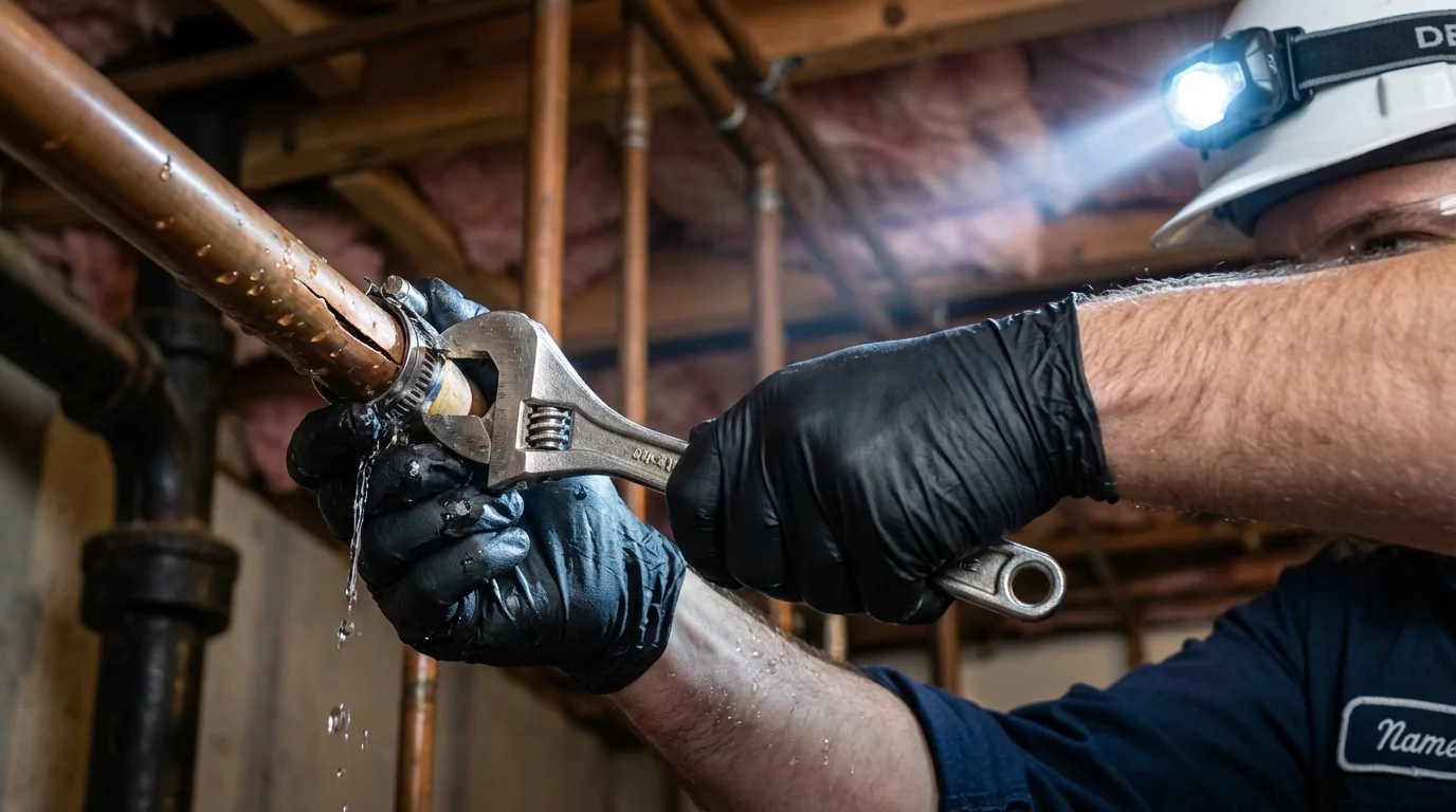 Emergency pipe clamp repair being performed by a Johns Plumbing LLC plumber in Chauncey