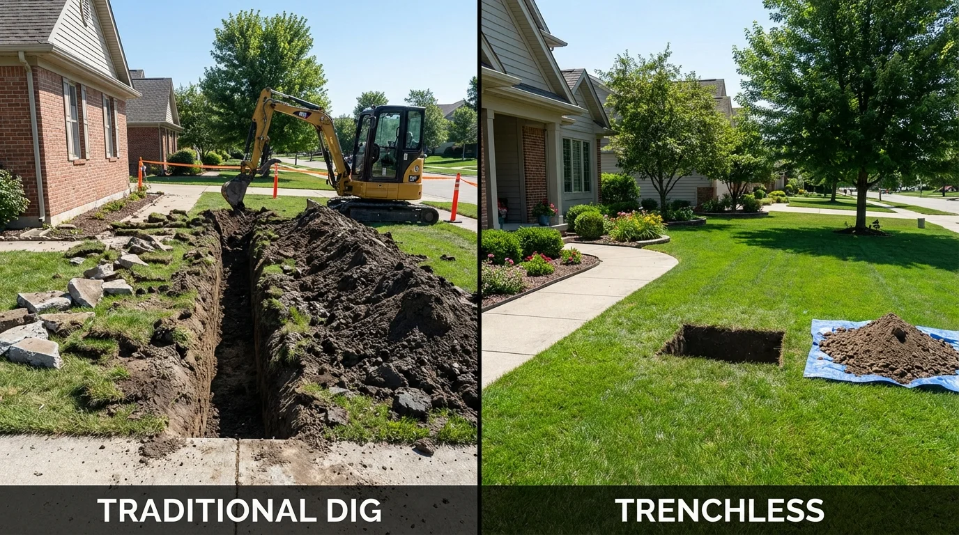 Trenchless sewer repair with minimal yard damage versus traditional excavation in Chauncey, OH