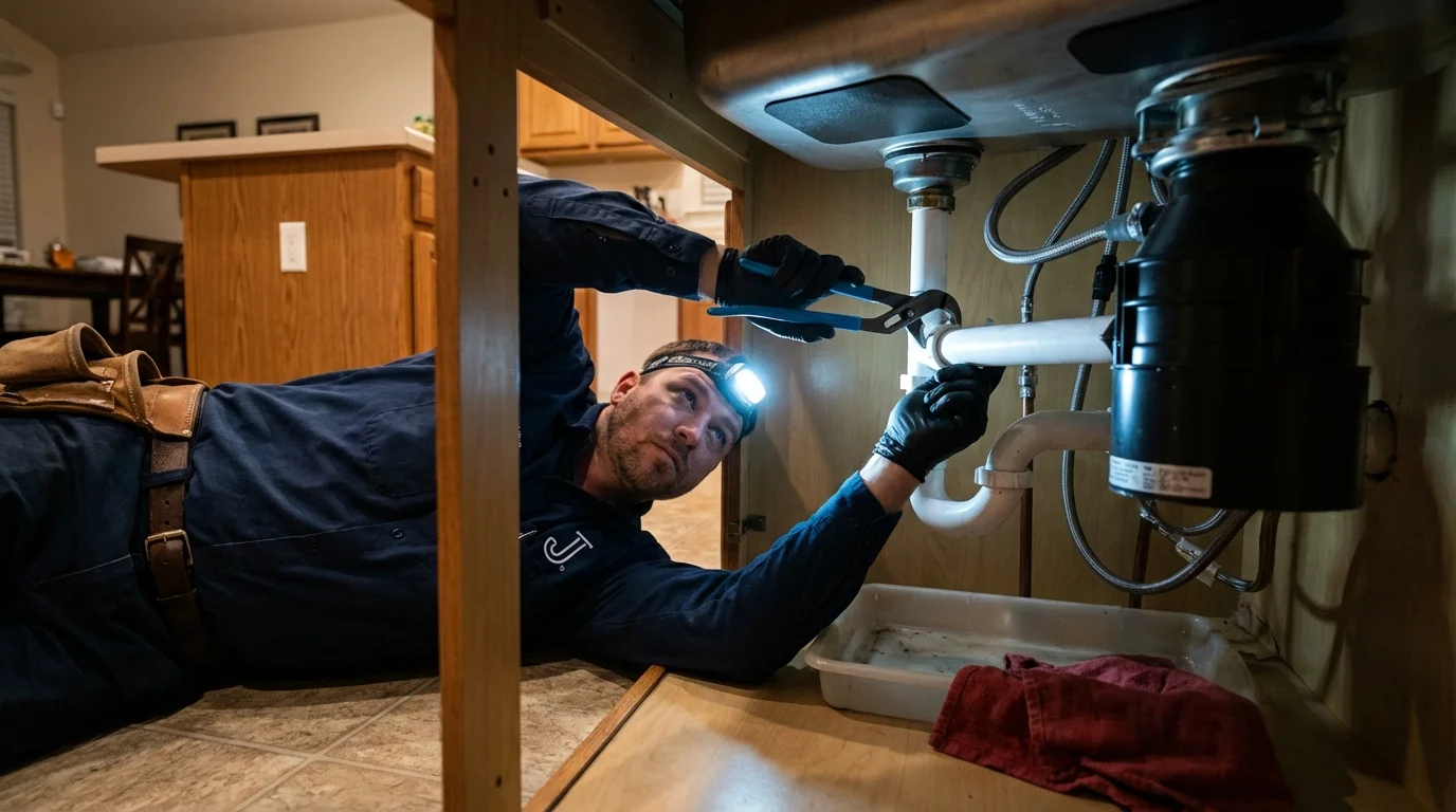 P-trap and supply line connections under a kitchen sink showing a common leak point in Chauncey, OH